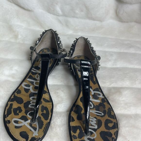 Sam Edelman Black patent &soft leather thong sandals spikes& Jewels accent SZ7.5 - Picture 5 of 11